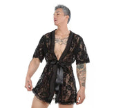 Men's Sexy Floral Lace Transparent Bathrobe Nightgown 3pcs